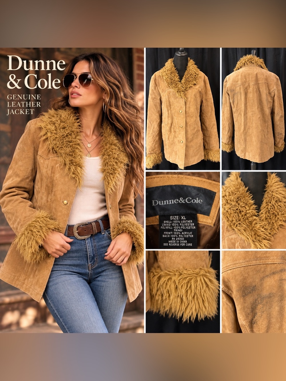 Vintage Dunne & Cole XL Genuine Leather Faux Fur Penny Lane Jacket Y2K